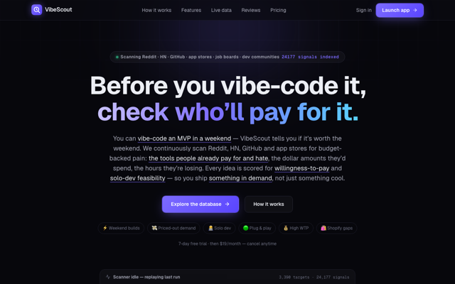 VibeScout — micro-SaaS idea database landing page