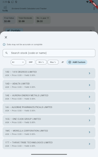 Yieldy app — holdings and yields